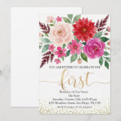 水彩ガールの誕生日花束 ゴールドグリッター 招待状 (正面/裏面)