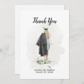 水彩ガールグリーンカスタムリー写真卒業 サンキューカード (正面/裏面)