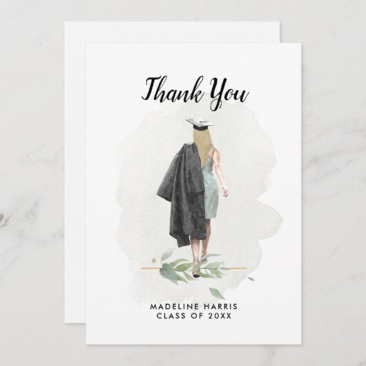 水彩ガールグリーンカスタムリー写真卒業 サンキューカード (正面/裏面)