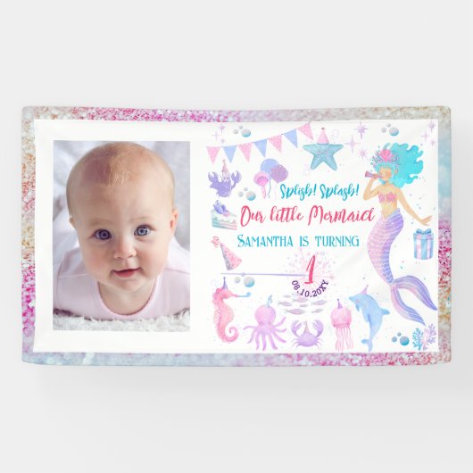 水彩ガールマーメイド1st誕生日パーティーバナー 横断幕 (横)
