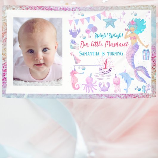 水彩ガールマーメイド1st誕生日パーティーバナー 横断幕