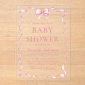 水彩ガールリボン赤面ピンクボウ赤ちゃんシャワー アクリル招待状 (正面)