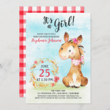 水彩ガール 馬 ベイビーシャワー ファーム インビテーション