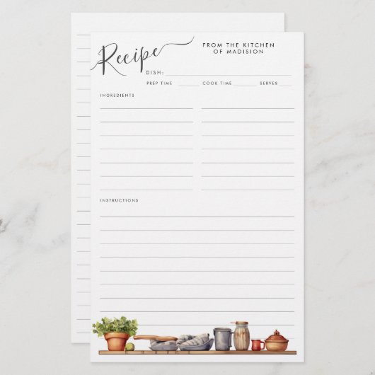 水彩キッチン棚用ポット器具レシピシート (正面/裏面)