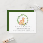 水彩キツネとクリスマスグリーン引っ越しました カード (正面/裏面インサイチュ)