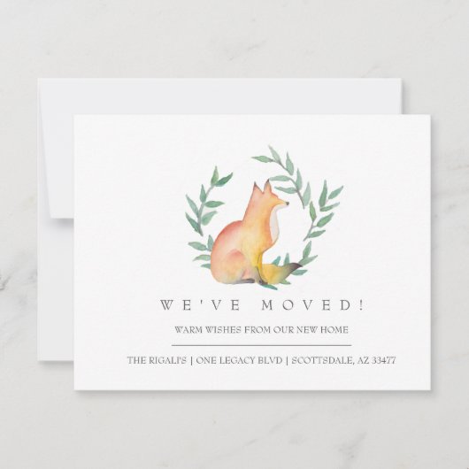 水彩キツネと緑引っ越しました カード (正面)