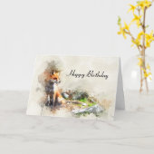 水彩キツネと風景ハッピーバースデー カード (黄色い花)