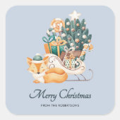 水彩キツネのクリスマススレイ ホリデーブルー スクエアシール (正面)