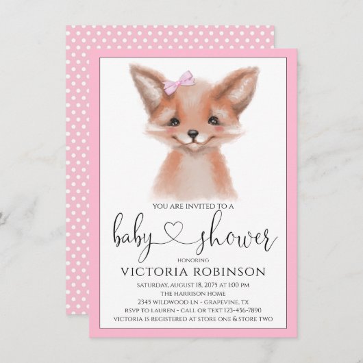 水彩キツネガールウッドランドベビーシャワー 招待状 (正面/裏面)