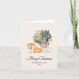 水彩キツネクリスマススリーズ非写真折り畳み シーズンカード