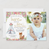 水彩キツネトライバルボホフローラ誕生日写真 招待状 (正面)