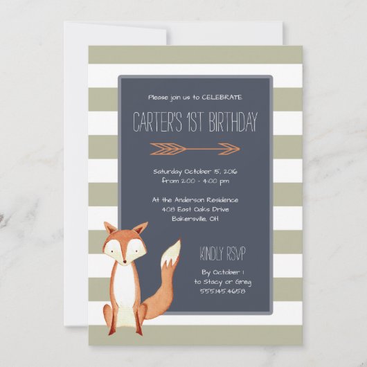 水彩キツネネービーオレンジストライプ誕生日 招待状 (正面)