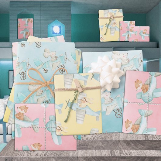 水彩キツネバニー&マウス飛んでいる飛行機 ラッピングペーパーシート