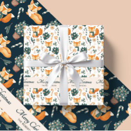 水彩キツネパターンメリークリスマスモノグラム ラッピングペーパーシート