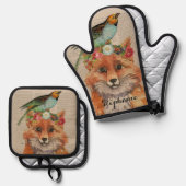 水彩キツネフローラのコレージパーソナライズされた名 鍋つかみ&鍋敷きセット (正面/裏面)