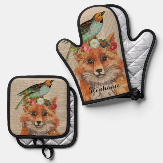 水彩キツネフローラのコレージパーソナライズされた名 鍋つかみ&鍋敷きセット (正面/裏面)