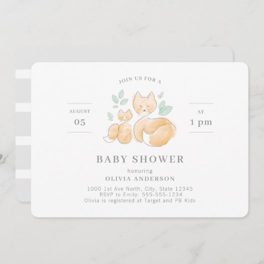 水彩キツネベビーシャワー招待状 招待状 (正面/裏面)