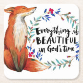 水彩キツネリース神々時間引用文 スクエアペーパーコースター (正面)