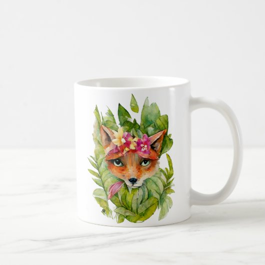 水彩キツネ花と緑葉の花 コーヒーマグカップ (右)