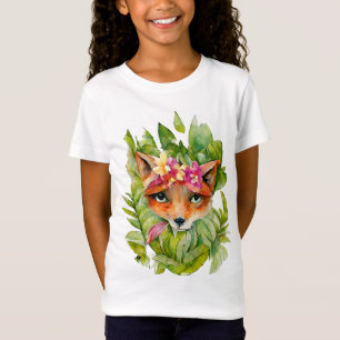 水彩キツネ花と緑葉の花 Tシャツ