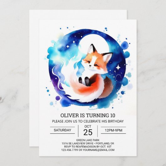 水彩キツネ誕生日編集可能 招待状 (正面/裏面)