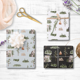 水彩キャビン森林シームレスパターン ラッピングペーパーシート