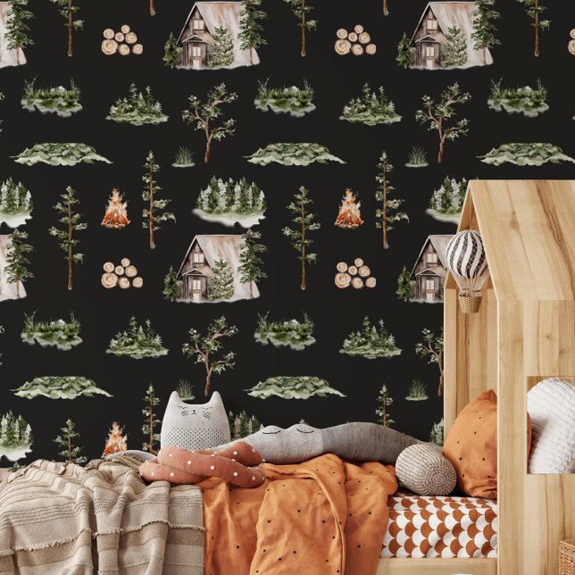 水彩キャビン森林シームレスパターン 壁紙 (In situ)