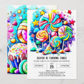 水彩キャンディプリント可能誕生日 招待状 (正面/裏面)