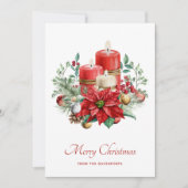 水彩キャンドルとポインセチアのクリスマス シーズンカード (正面)