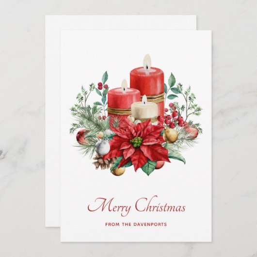 水彩キャンドルとポインセチアのクリスマス シーズンカード (正面/裏面)