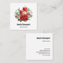水彩キャンドルとポインセチアのクリスマス スクエア名刺
