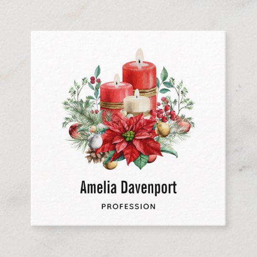 水彩キャンドルとポインセチアのクリスマス スクエア名刺 (正面)