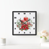水彩キャンドルとポインセチアのクリスマス スクエア壁時計 (ホーム)