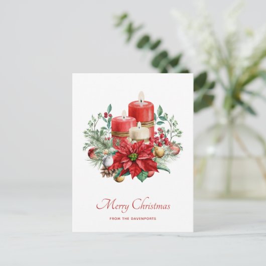 水彩キャンドルとポインセチアのクリスマス ポストカード (スタンド正面)