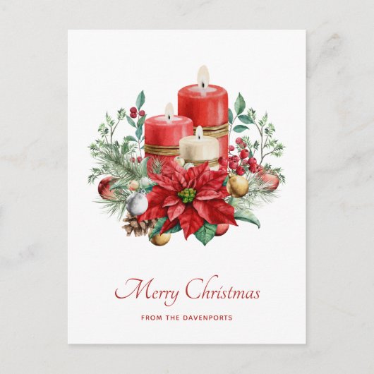 水彩キャンドルとポインセチアのクリスマス ポストカード (正面)