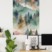 水彩キャンバス | 抽象芸術山樹木壁 ポスター (ホームオフィス)