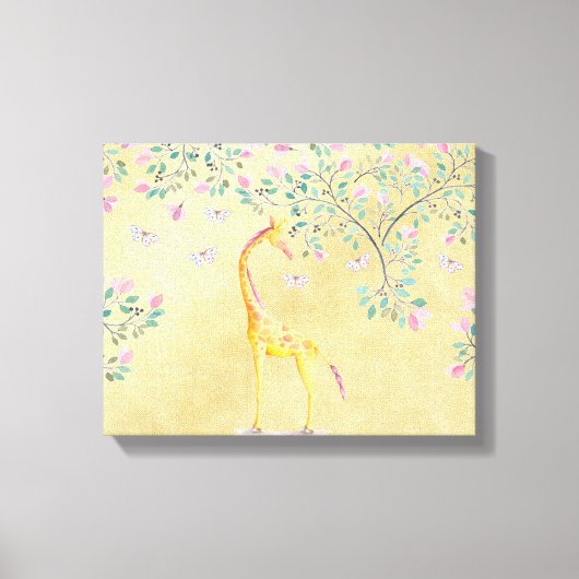 水彩キリン蝶と花 キャンバスプリント (正面)