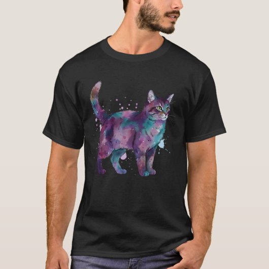 水彩ギャラクシー猫と宇宙のスプラッター Tシャツ (正面)