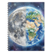 水彩ギャラクシー風の天体デザインに描かれた地球と月 ノートブック (正面)