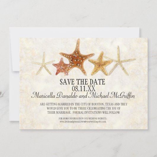 水彩ギリシャ鍵PatternStarfishビーチ結婚式 招待状 (正面)