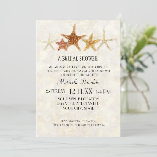 水彩ギリシャ鍵PatternStarfishビーチ結婚式 招待状 (スタンド正面)