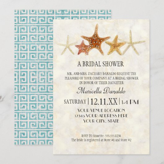 水彩ギリシャ鍵PatternStarfishビーチ結婚式 招待状 (正面/裏面)