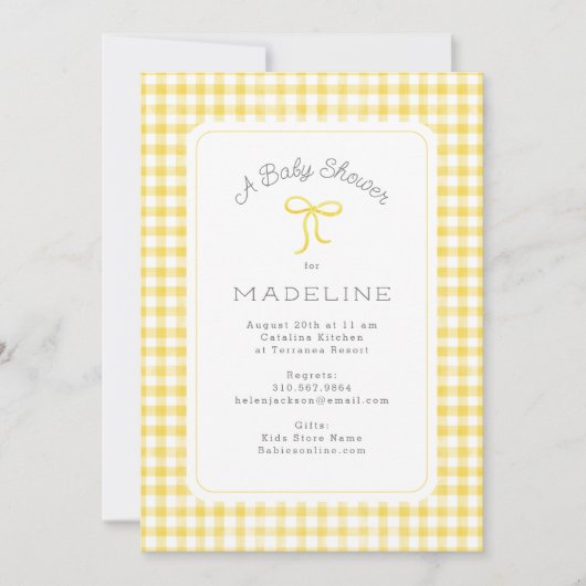 水彩ギンガムイエローベビーシャワー 招待状 (正面)