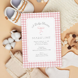 水彩ギンガムピンクの赤ちゃんシャワー 招待状