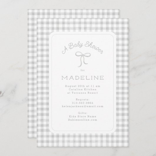 水彩ギンガムライトグレー赤ちゃんシャワー 招待状 (正面/裏面)
