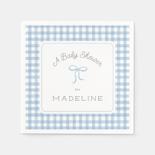 水彩ギンガムライトブルー赤ちゃんシャワー スタンダードカクテルナプキン (正面)