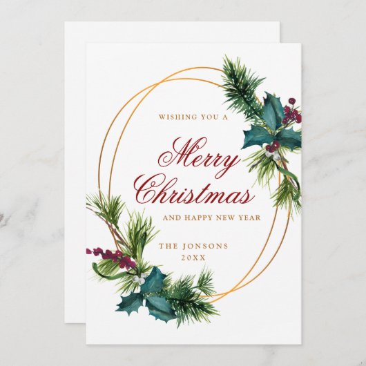 水彩クエレガントリスマスパインコーングリーティング シーズンカード (正面/裏面)