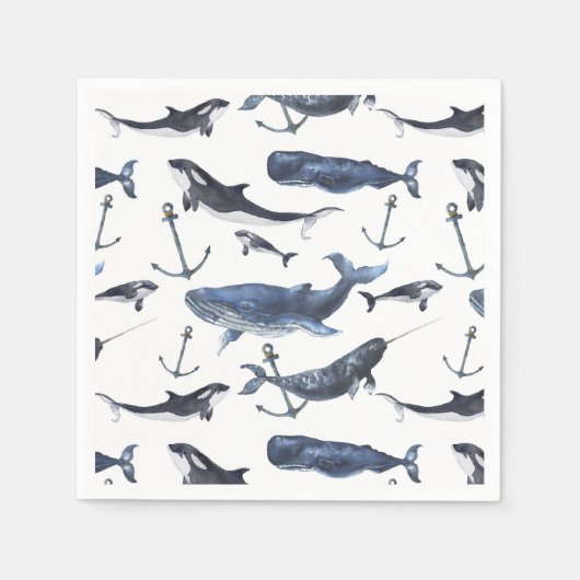 水彩クジラといかり模様 スタンダードカクテルナプキン (正面)