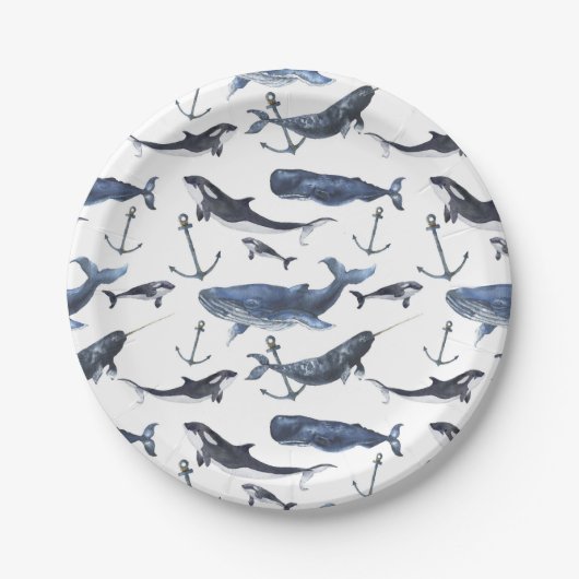 水彩クジラといかり模様 ペーパープレート (正面)