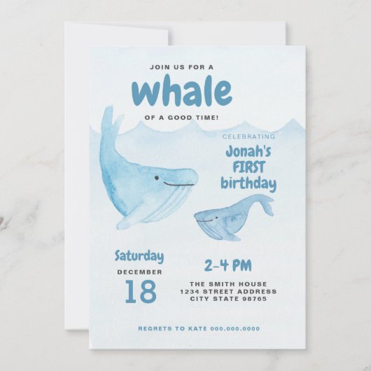 水彩クジラの最初の誕生日パーティーへの招待 招待状 (正面)